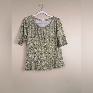 Liz Claiborne Women's Large Short Sleeve Yellow White and Black Patterned Blouse